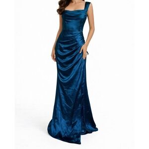 LULUS Satin Corset Maxi Dress Ruched Formal Gown‎ Teal Blue Size M